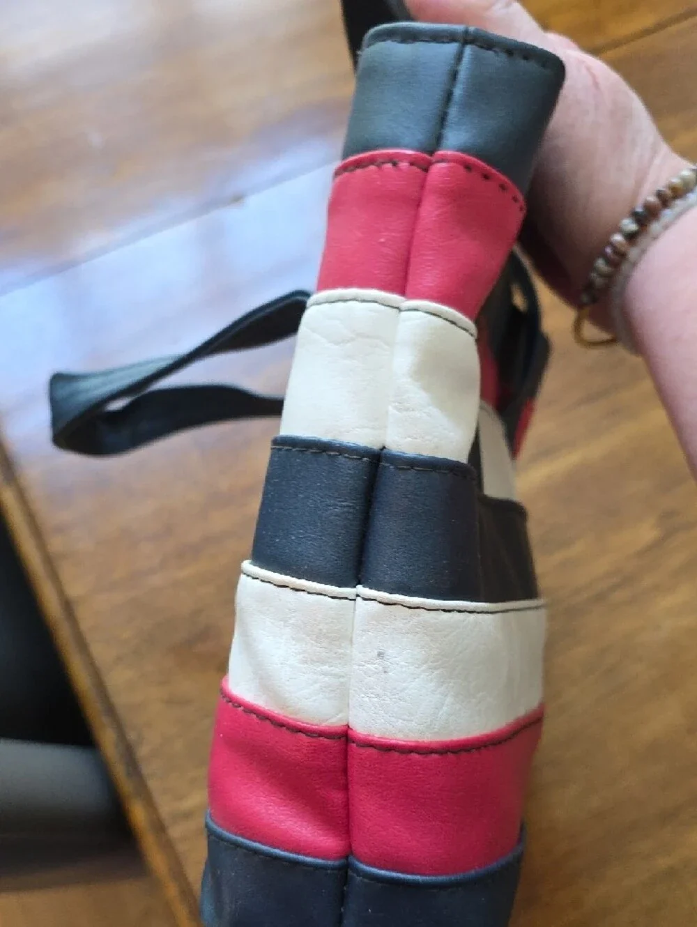 Vintage 1970s Naugahyde Striped Navy, Red & White Women’s Top-Handle Granny Bag